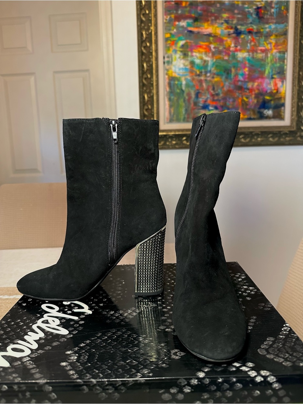 Guess Black Suede Ankle Booties with Studded Block Heel